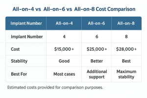 Comparison chart of All-on-4, All-on-6, and All-on-8 dental implant systems showing implant count, stability, and cost