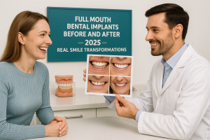 Smiling patient with dentist showing before and after full mouth dental implants photos in a modern clinic