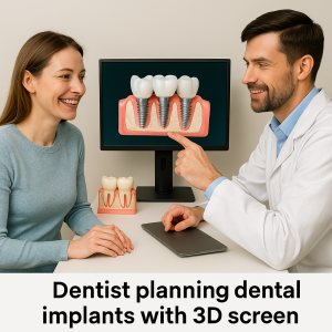 Dentist using 3D imaging technology and digital smile design software to plan full mouth dental implants.