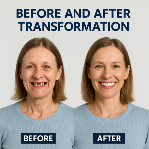 Before and after photo comparison showing a woman’s smile transformation with full mouth dental implants.