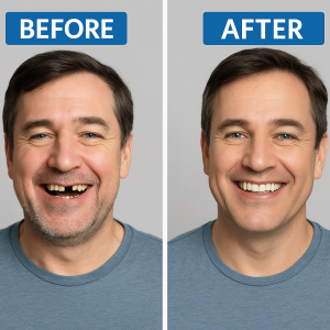 Before and after photo of a male patient showing dental transformation after full mouth dental implants.