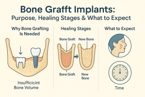 Bone graft for dental implants illustration showing insufficient bone volume, graft placement, healing stages and formation of new bone.