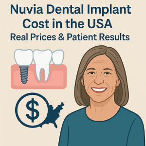 Illustration showing Nuvia dental implant costs in the USA with a dental implant graphic, price icon, U.S. map and a smiling patient representation.