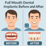 Full mouth dental implants before and after illustration showing a patient with missing and damaged teeth compared to a restored smile supported by implants.