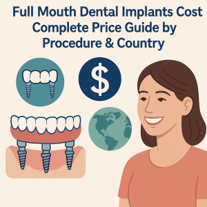 Full mouth dental implants cost infographic showing implant diagrams, price icon, world map and a smiling patient to illustrate procedure and country-based pricing differences.