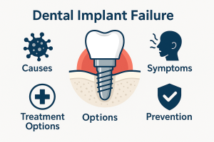 Dental implant failure illustration showing implant loosening, infection, symptoms and treatment options in a medical-style diagram.